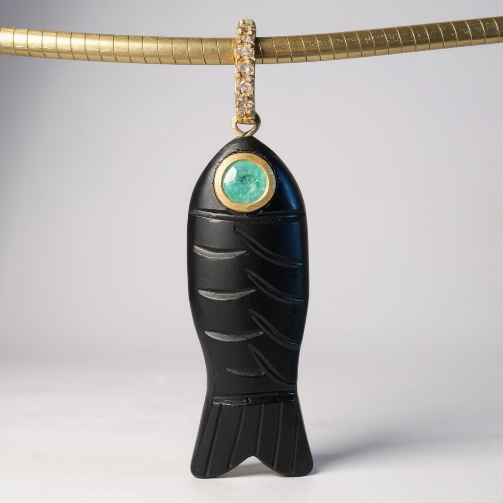 Poisson Pendant: Black Onyx with Emerald and Diamonds