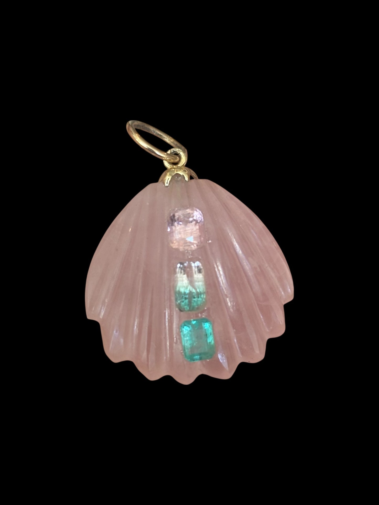 Carved Shell Pendant: Rose Quartz with Tourmaline & Emerald