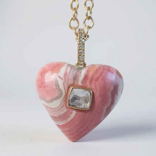Rhodochrosite Heart Pendant with Spinel and Diamond Bail