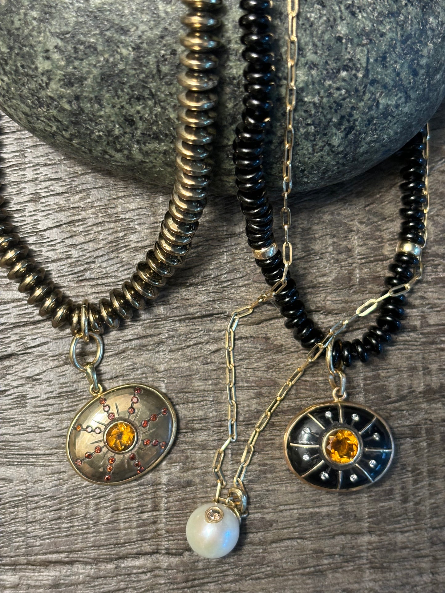 SOL Pendant / pyrite, citrine, diamonds