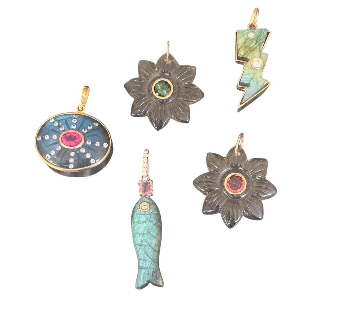 Poisson Pendant: Labradorite Fish with Diamond Eye and Pink Spinel with Diamond Bail