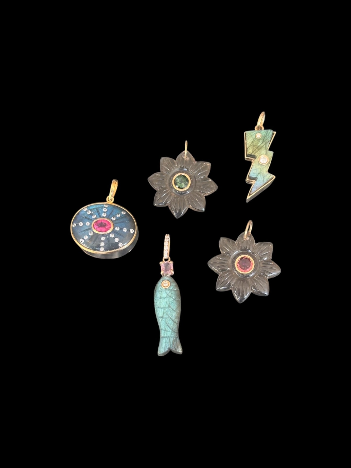 Poisson Pendant: Labradorite Fish with Diamond Eye and Pink Spinel with Diamond Bail