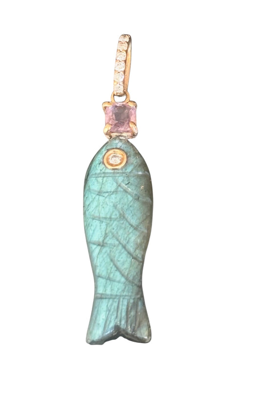 Poisson Pendant: Labradorite Fish with Diamond Eye and Pink Spinel with Diamond Bail