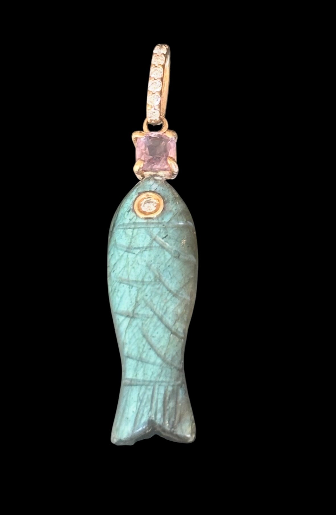 Poisson Pendant: Labradorite Fish with Diamond Eye and Pink Spinel with Diamond Bail