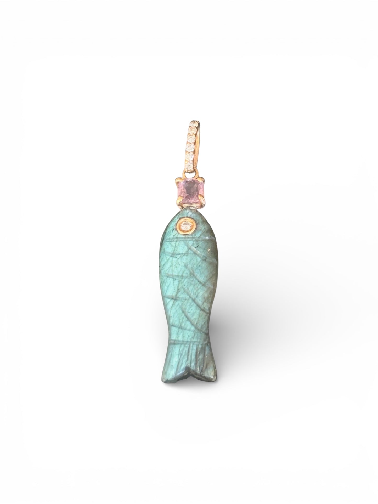 Poisson Pendant: Labradorite Fish with Diamond Eye and Pink Spinel with Diamond Bail