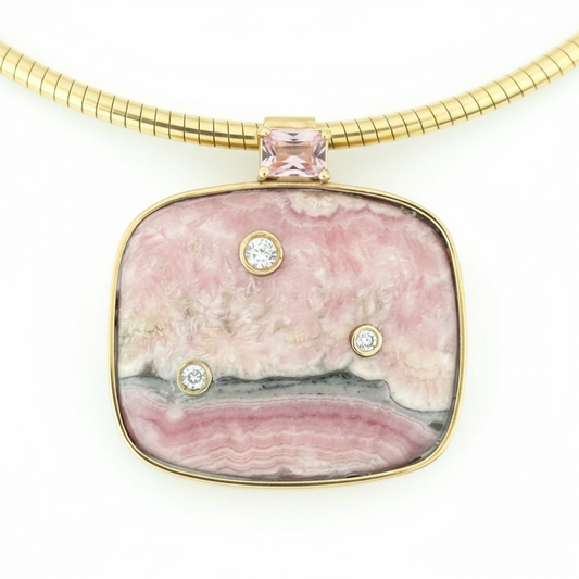 Rhodochrosite Pendant with Pink Spinel & Diamonds