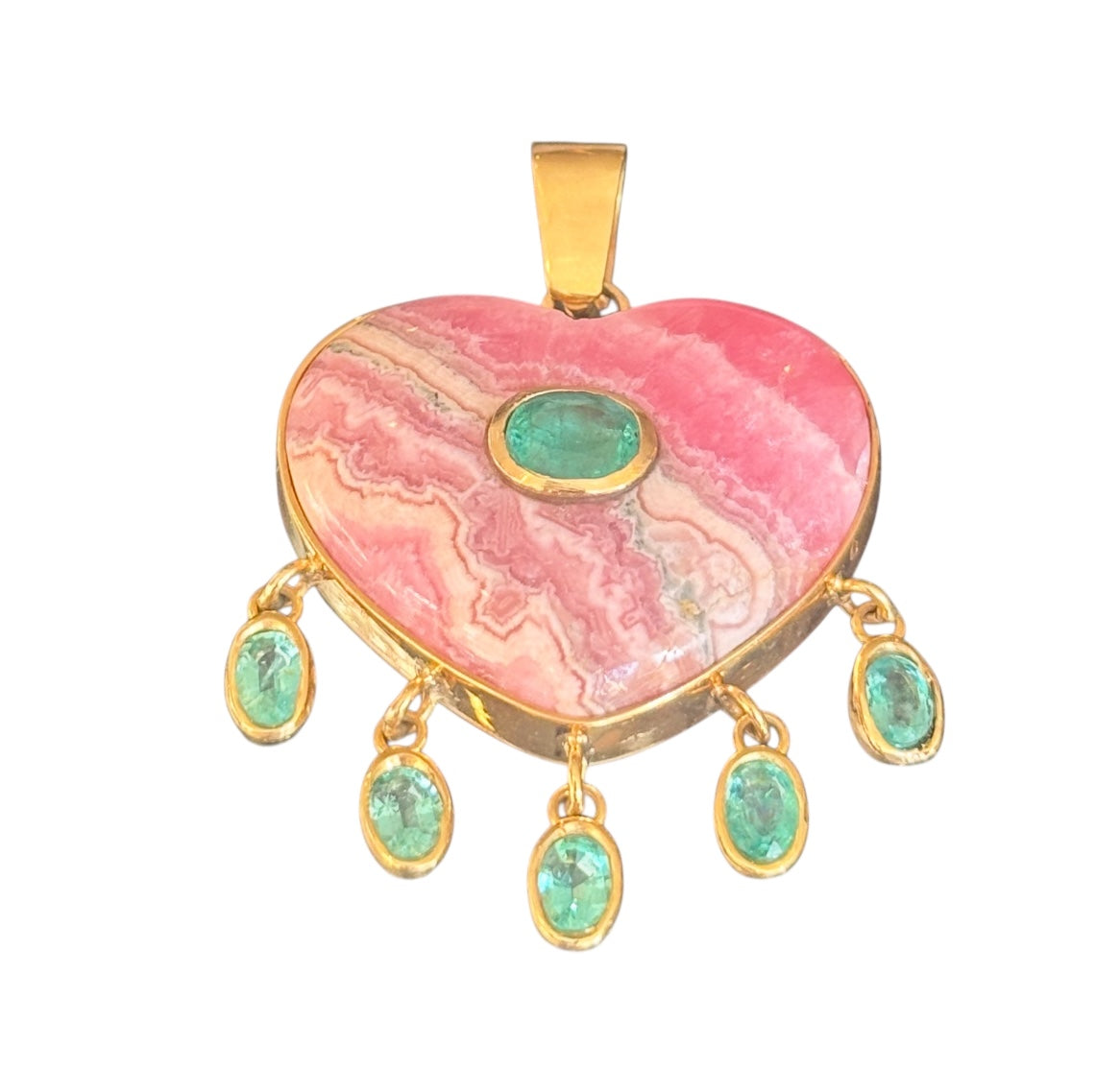 Rhodochrosite Large Heart Pendant with Center Emerald & Dangling Emeralds