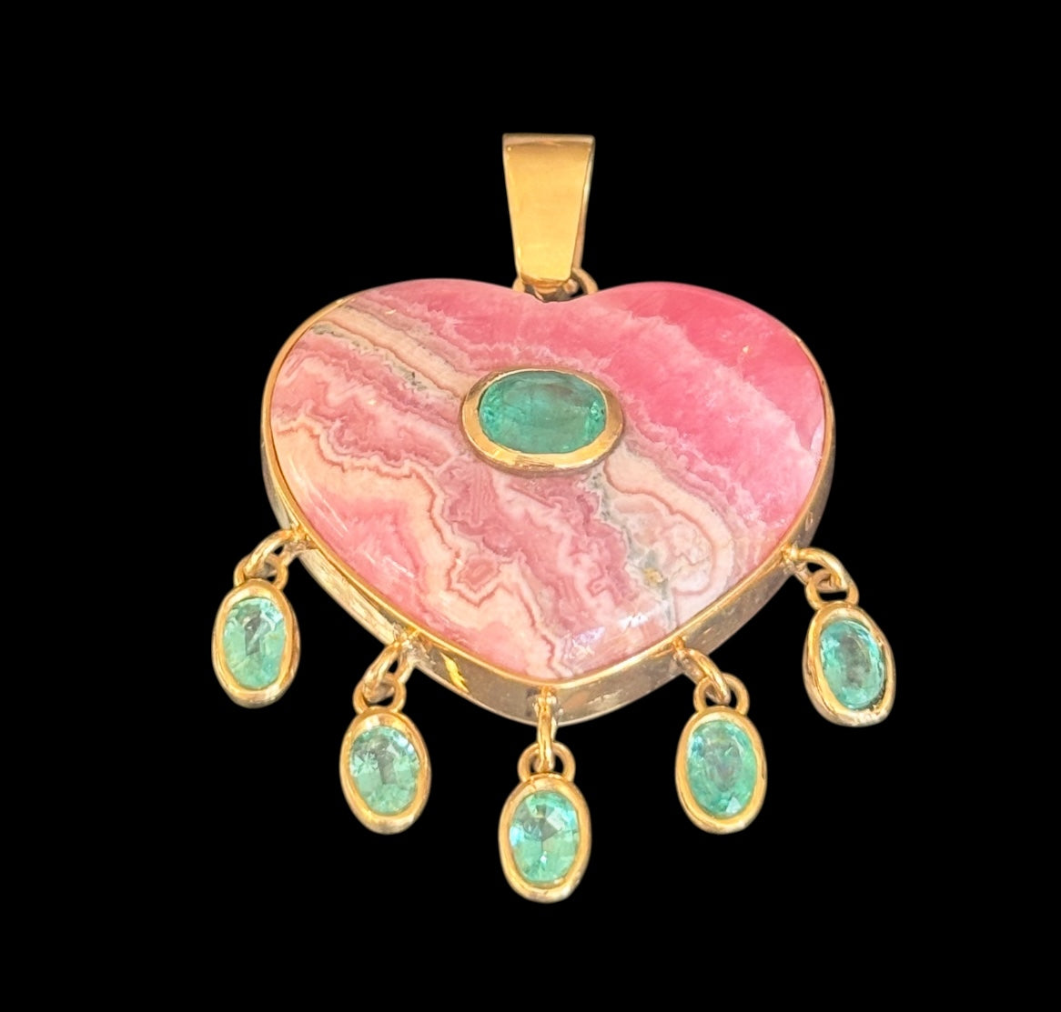 Rhodochrosite Large Heart Pendant with Center Emerald & Dangling Emeralds