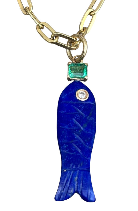 Perfect Poisson Lapis Fish Pendant with Diamond & Emerald