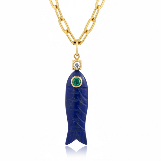 Perfect Poisson Lapis Fish Pendant with Emerald Eye & Diamond