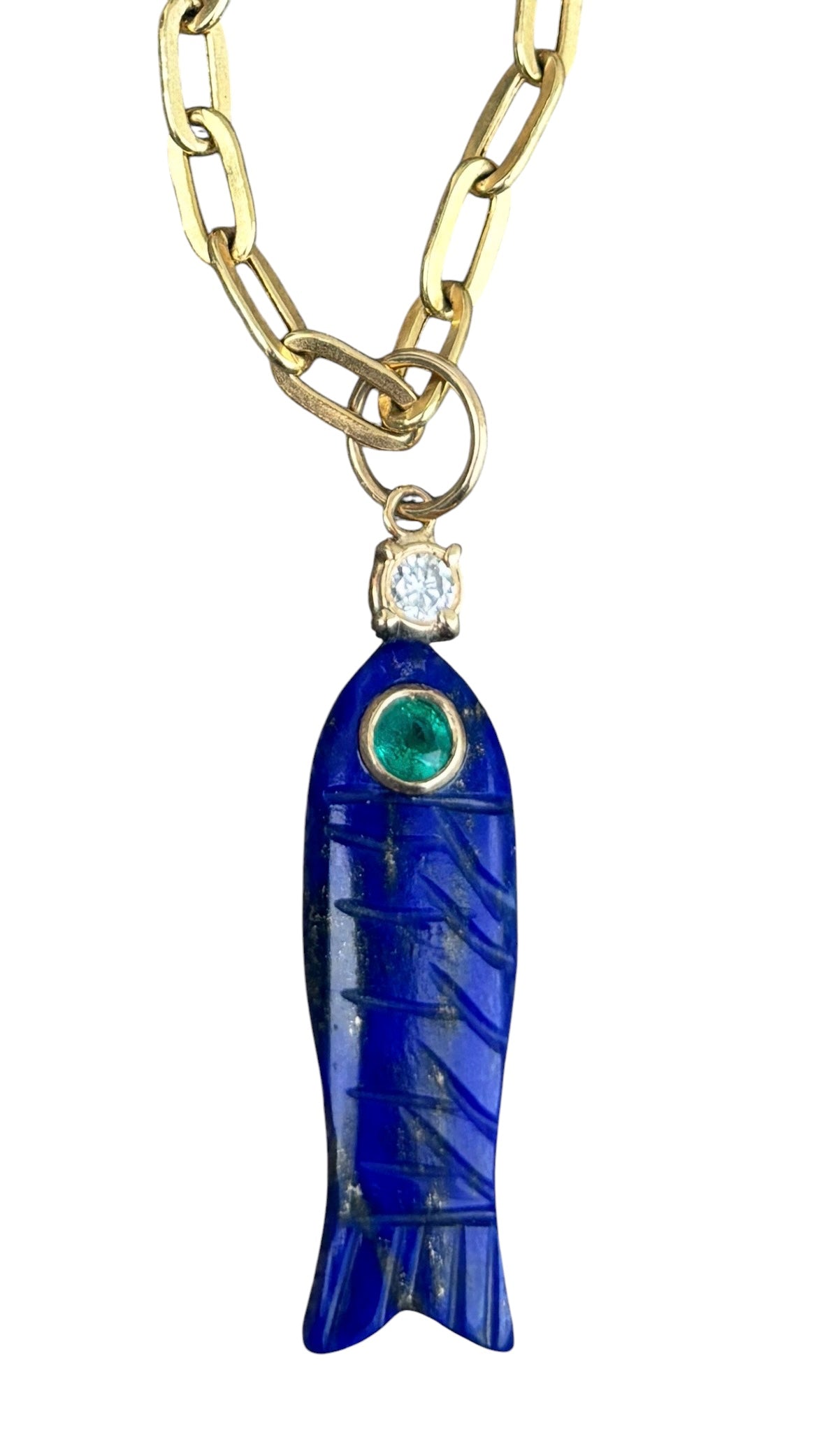 Perfect Poisson Lapis Fish Pendant with Emerald Eye & Diamond