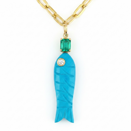 Perfect Poisson Turquoise Fish Pendant with Diamond and Emerald