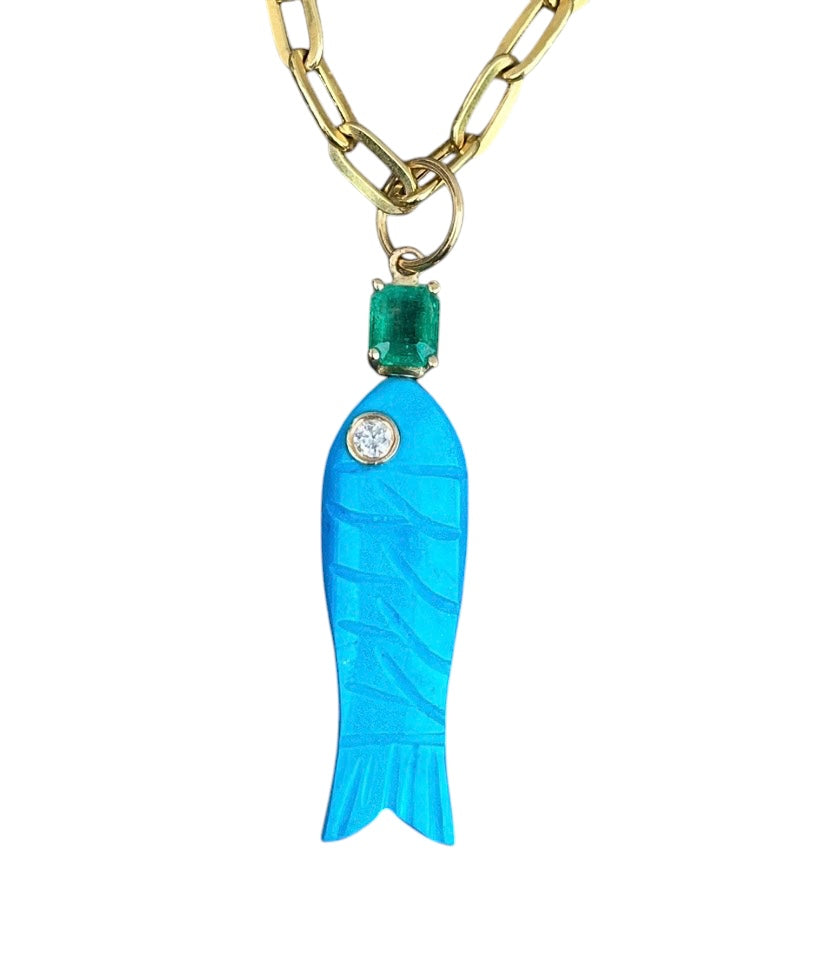 Perfect Poisson Turquoise Fish Pendant with Diamond and Emerald
