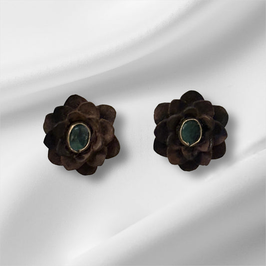 BALI DROP, carved wood and emerald stud earrings