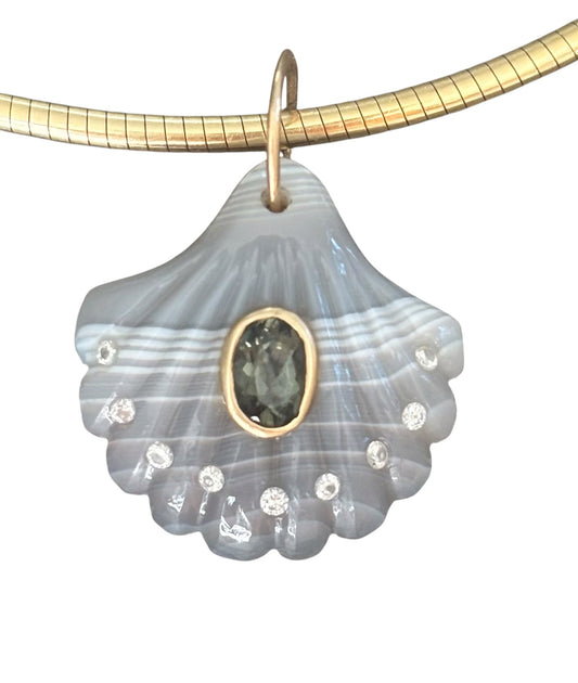 Laguna Agate Shell Pendant with Dark Grey Spinel & Diamonds