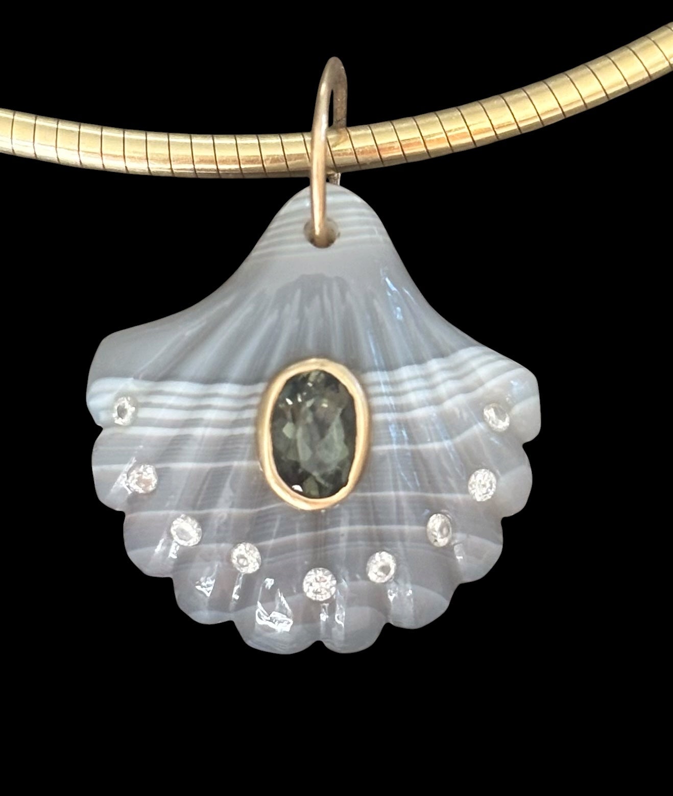 Laguna Agate Shell Pendant with Dark Grey Spinel & Diamonds