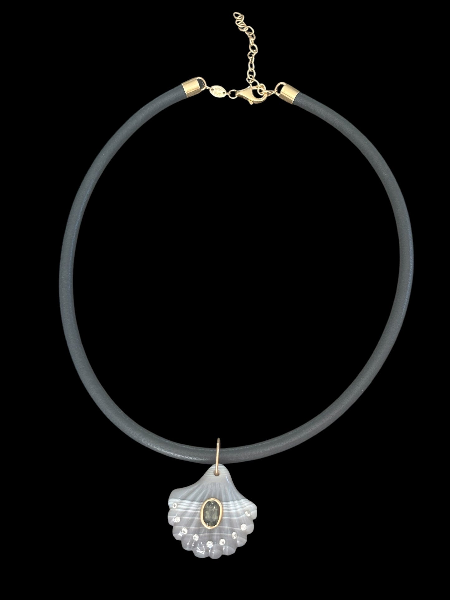 Laguna Agate Shell Pendant with Dark Grey Spinel & Diamonds