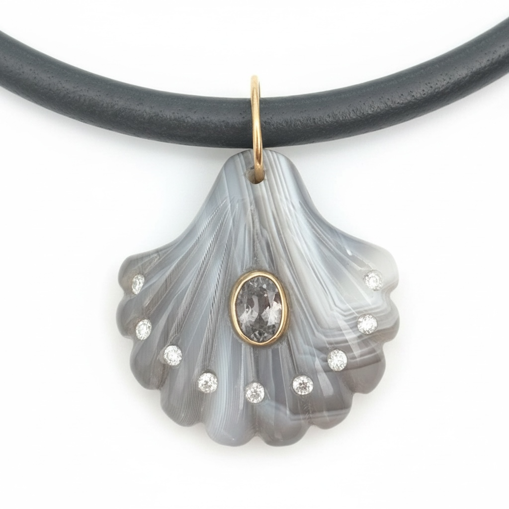 Laguna Agate Shell Pendant with Light Grey Spinel & Diamonds