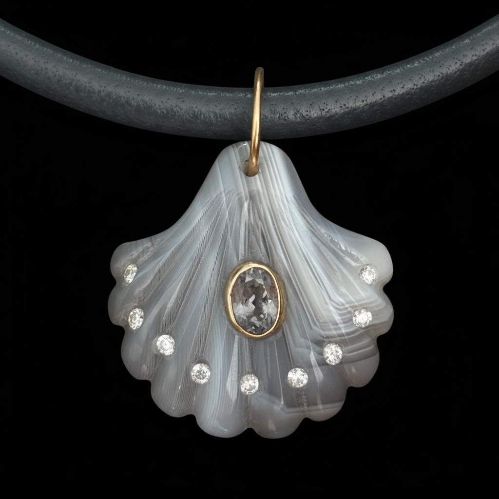 Laguna Agate Shell Pendant with Light Grey Spinel & Diamonds