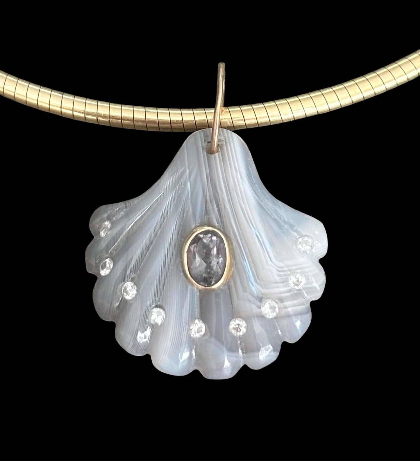 Laguna Agate Shell Pendant with Light Grey Spinel & Diamonds