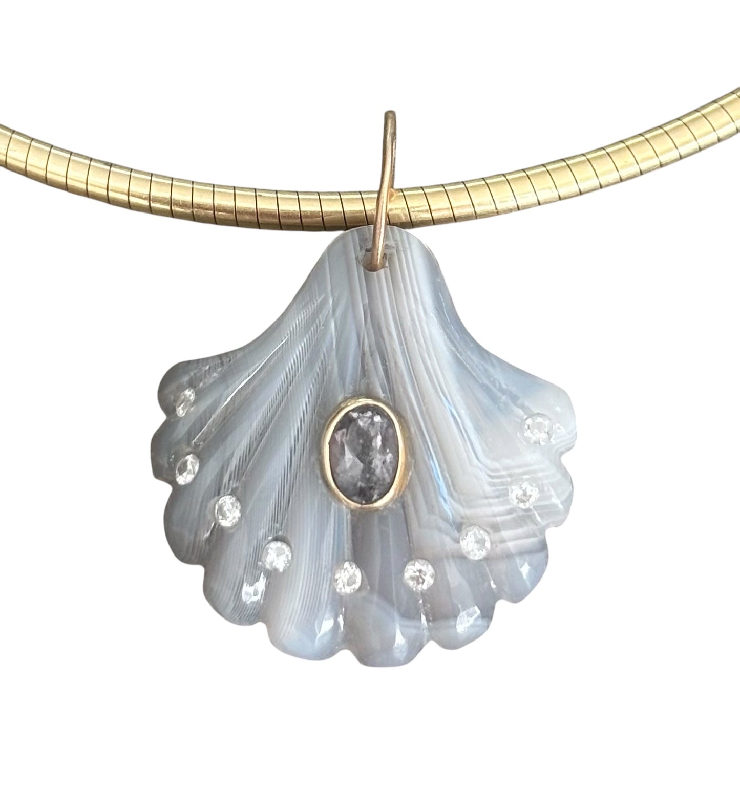 Laguna Agate Shell Pendant with Light Grey Spinel & Diamonds