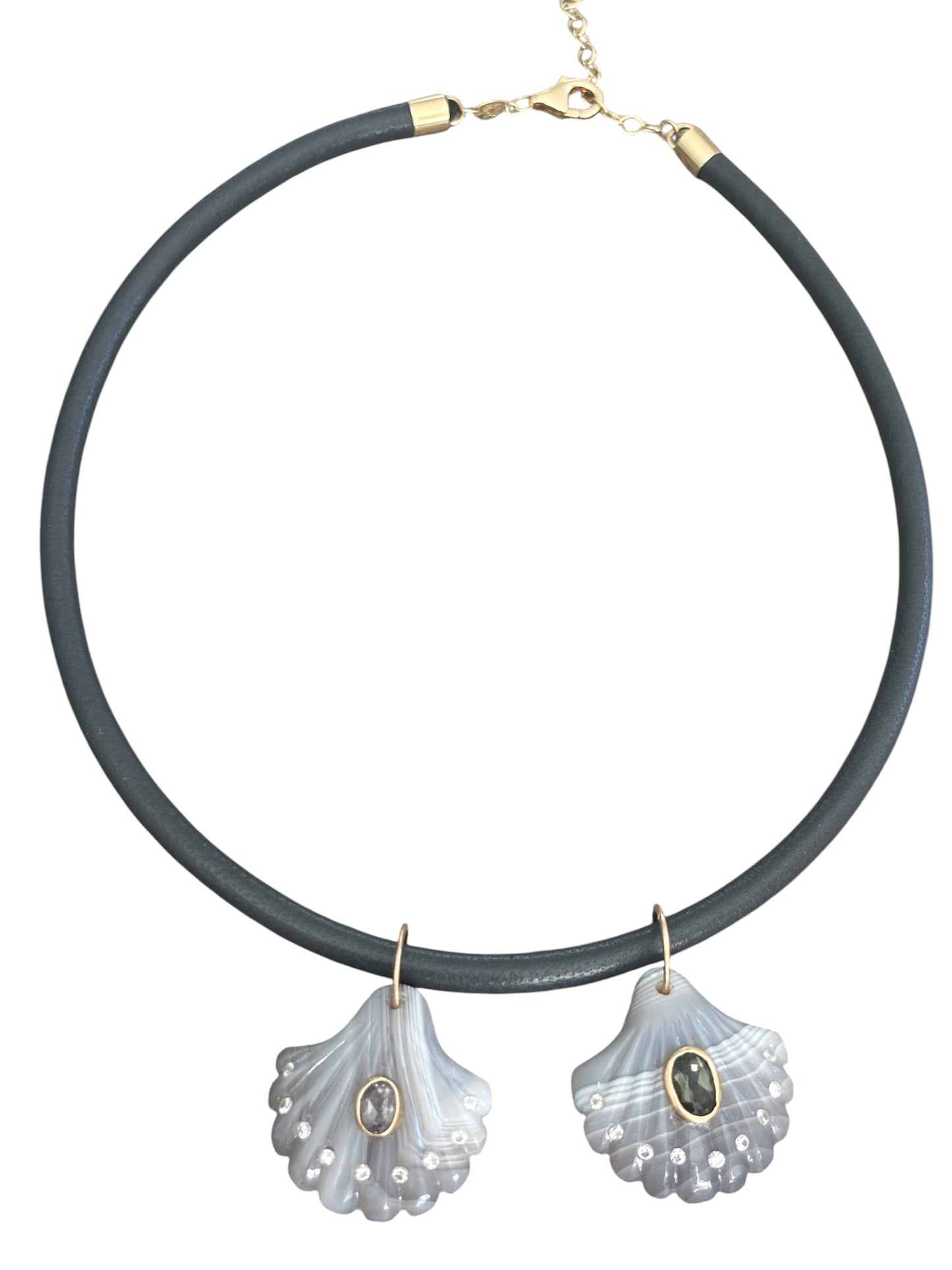 Laguna Agate Shell Pendant with Dark Grey Spinel & Diamonds
