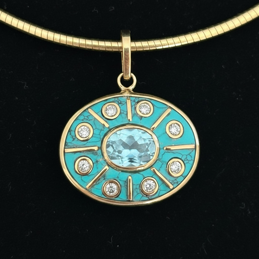 SOL Pendant, Turquoise with Sky Blue Topaz and Diamonds