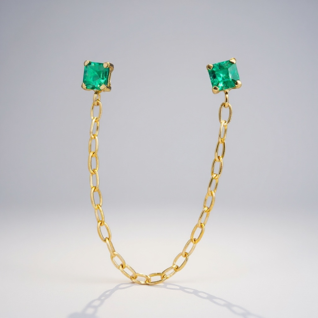 Double Pierce Draped Emerald Stud Earring