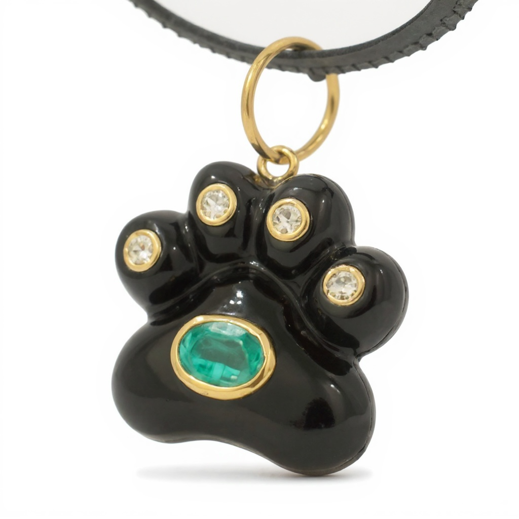 Dog Paw Pendant, Black Onyx, Diamonds & Emerald