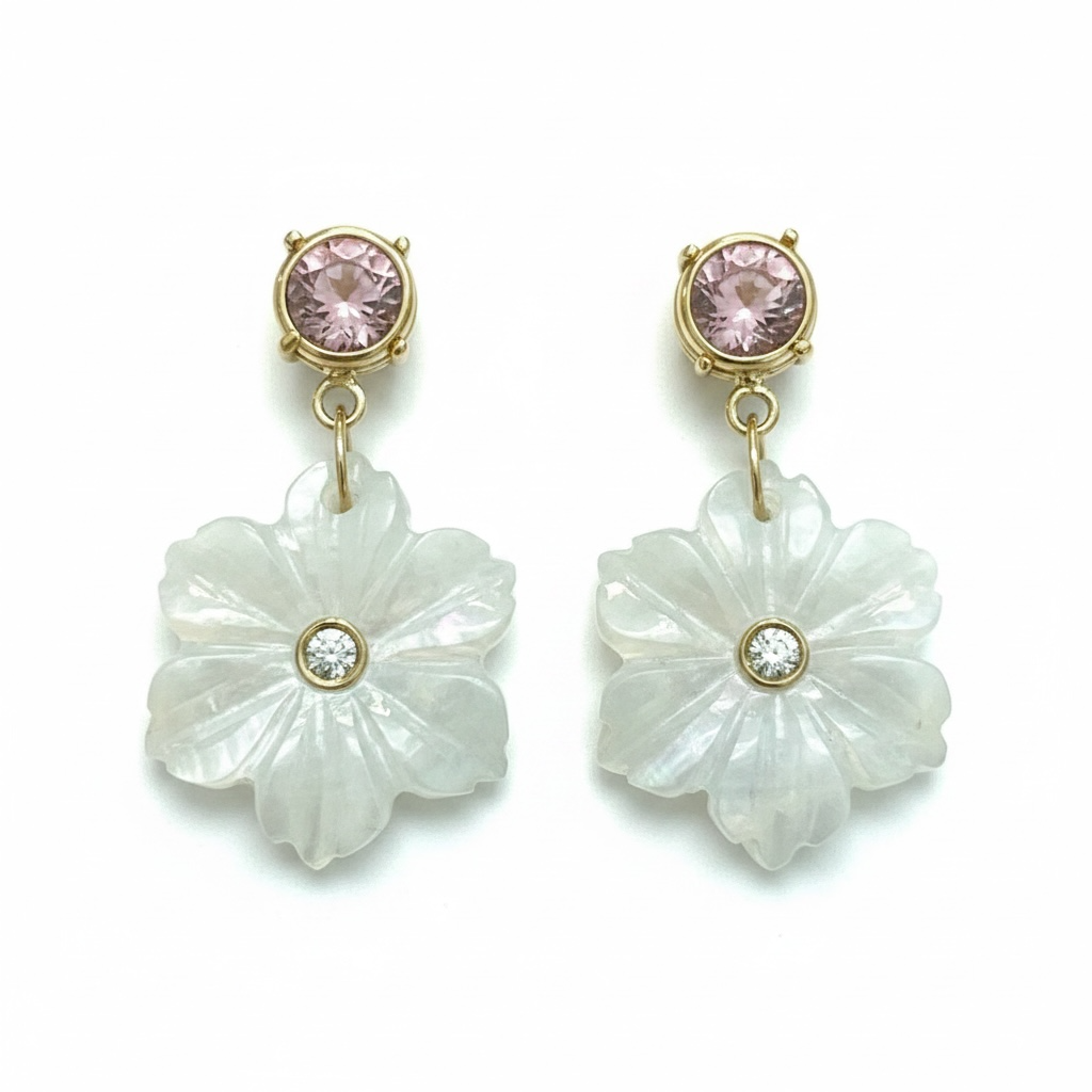 FLORA Earrings, Moonstone with Pink Tourmaline & Diamonds
