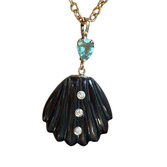 Carved Shell Pendant, Black Onyx, Diamonds & Emerald