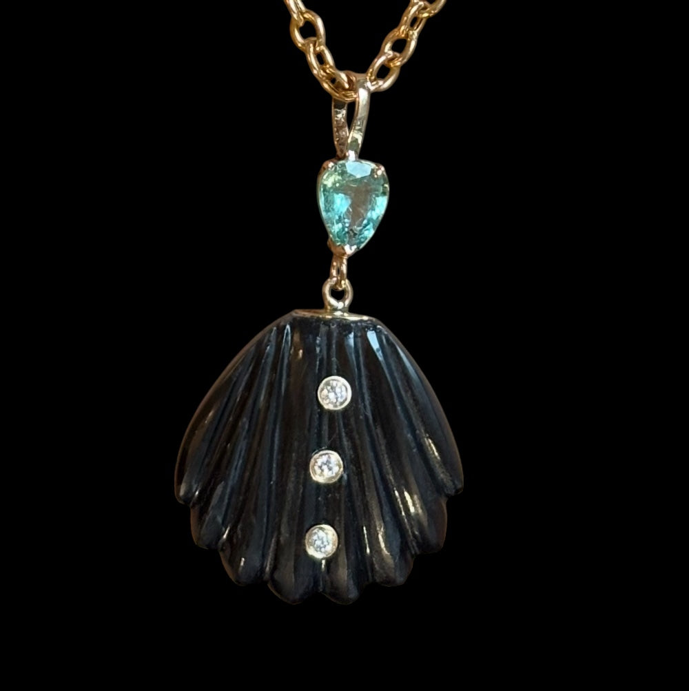 Carved Shell Pendant, Black Onyx, Diamonds & Emerald