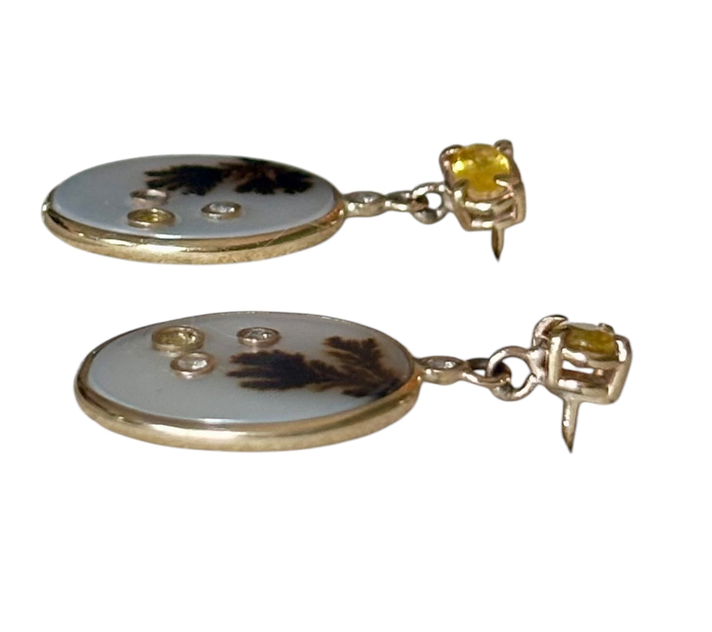 Dendritic Agate Earrings, with Yellow Sapphires and Diamonds
