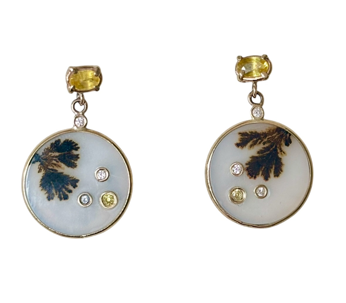 Dendritic Agate Earrings, with Yellow Sapphires and Diamonds