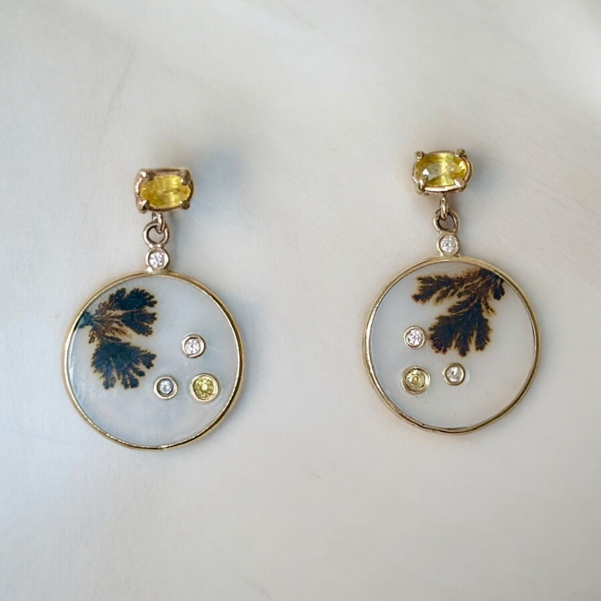 Dendritic Agate Earrings, with Yellow Sapphires and Diamonds