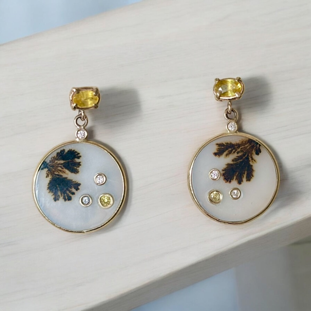 Dendritic Agate Earrings, with Yellow Sapphires and Diamonds
