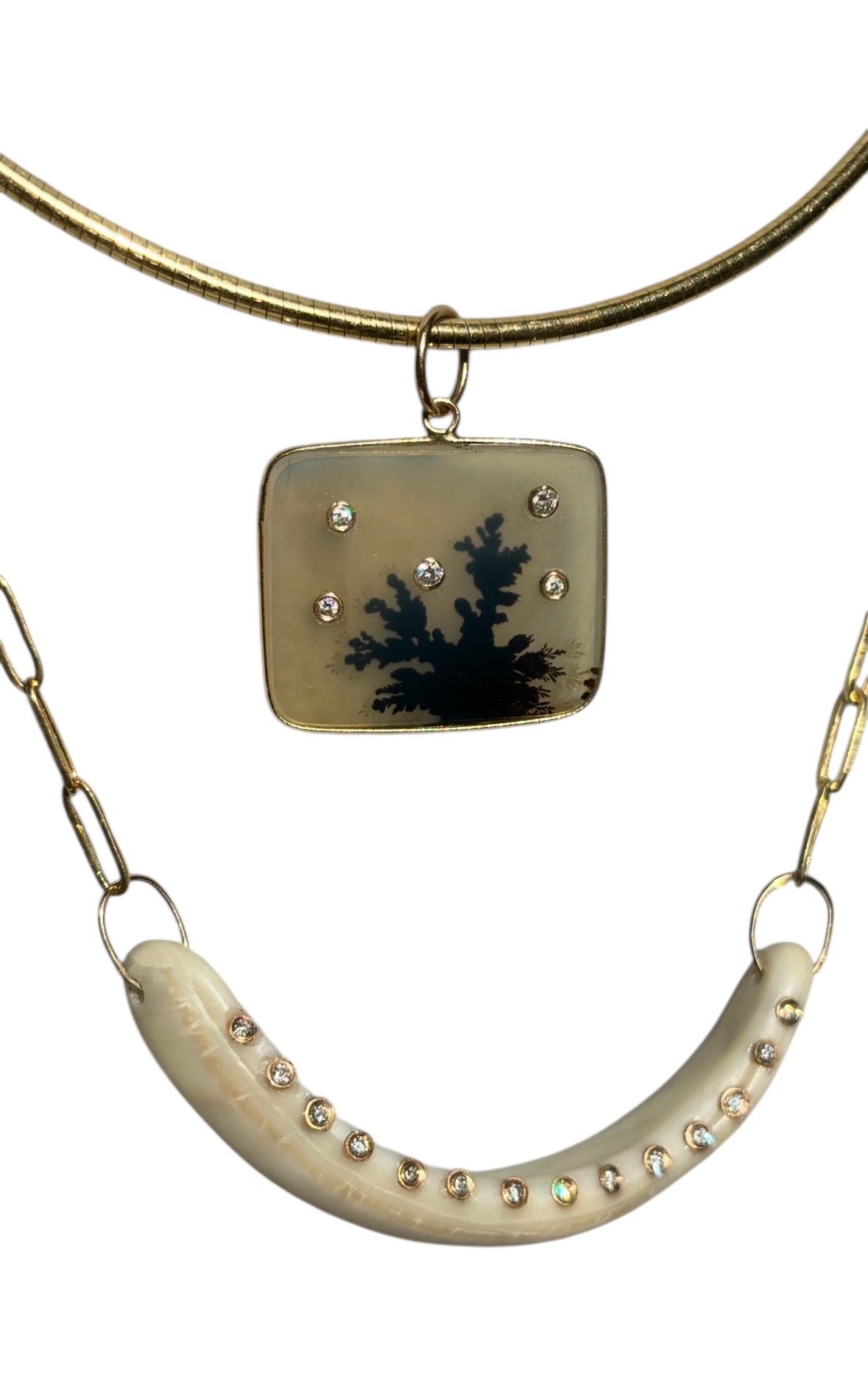 Dendritic Agate Pendant, with Five Diamonds