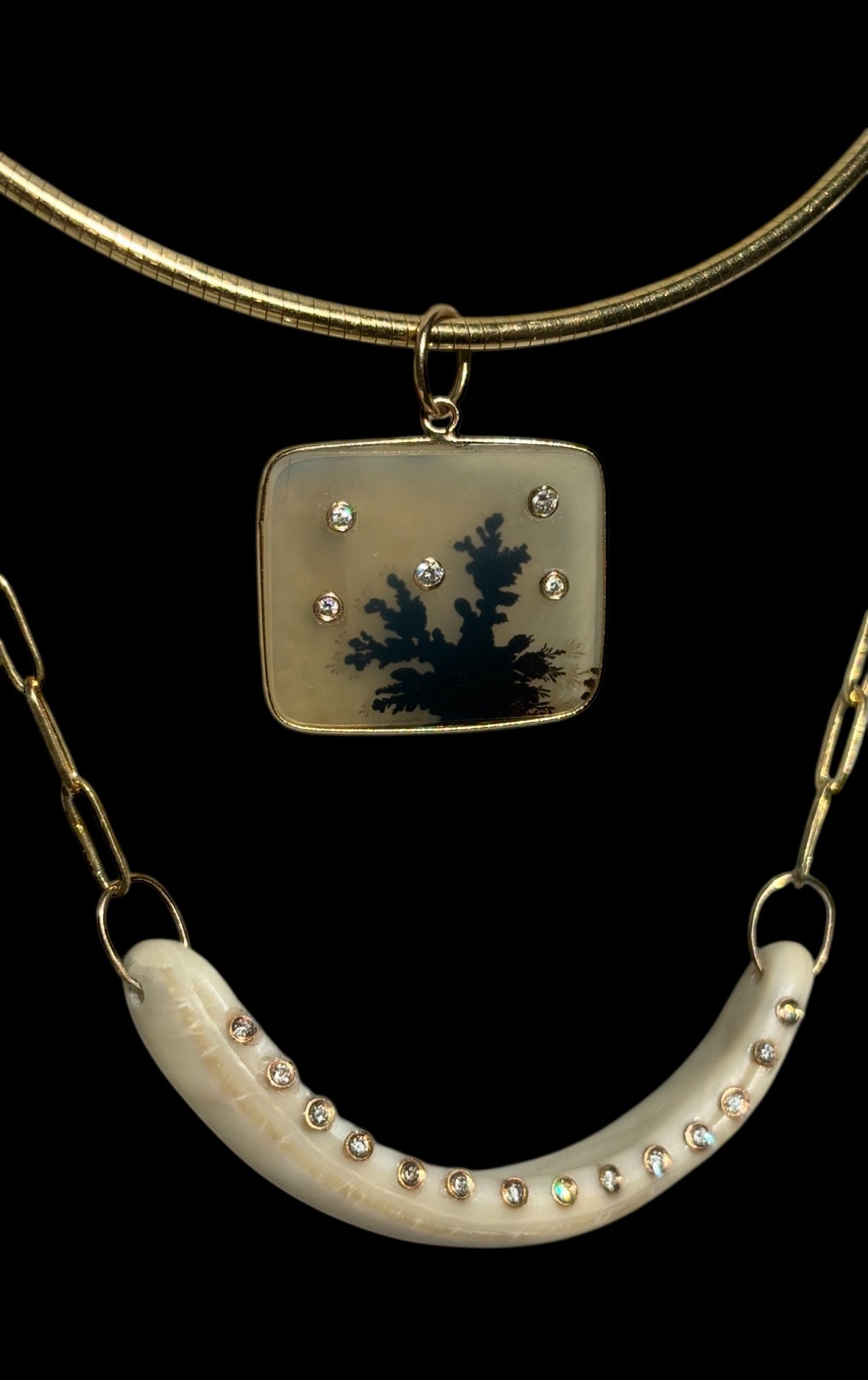 Dendritic Agate Pendant, with Five Diamonds