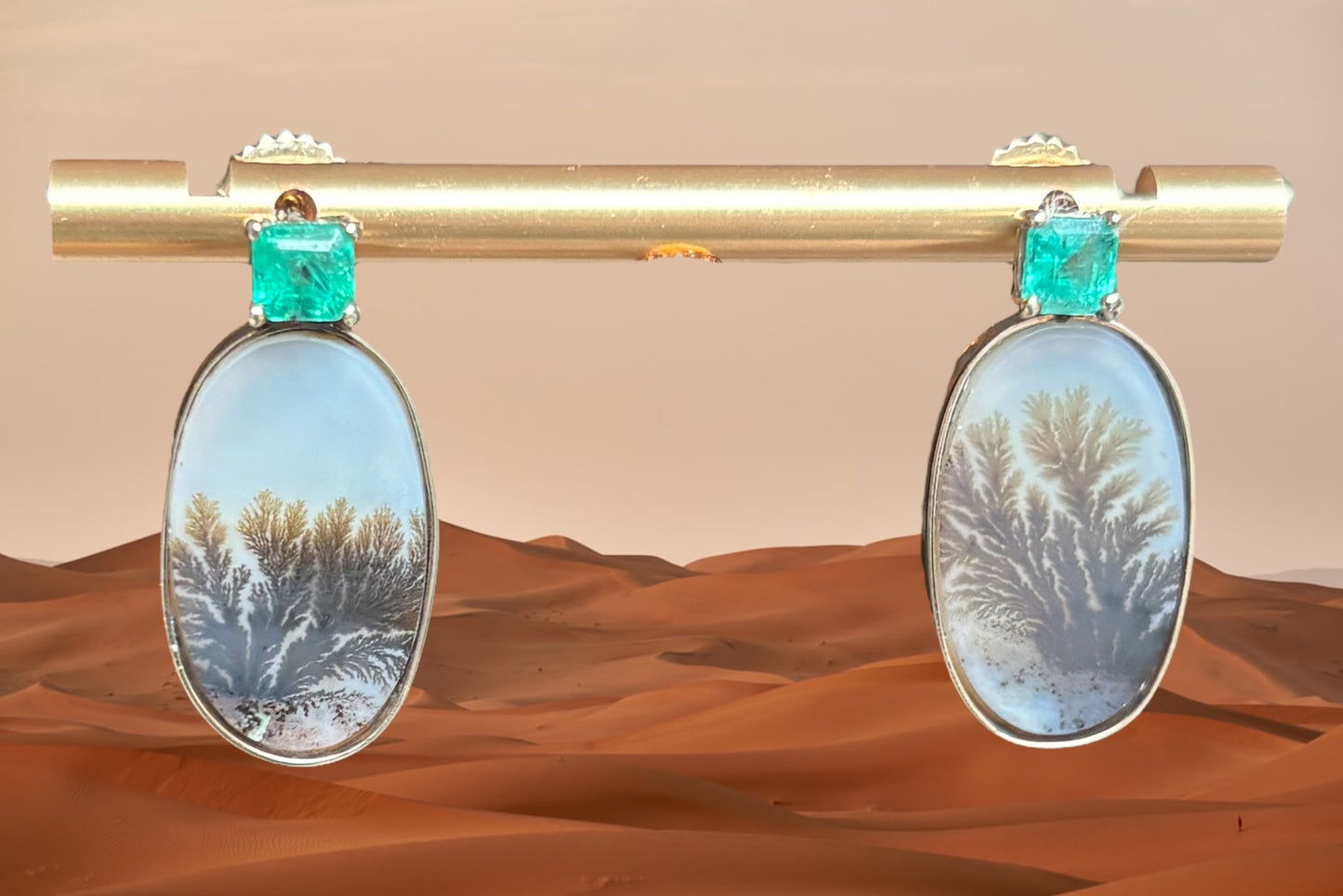 Dendritic Agate Earrings with Emeralds