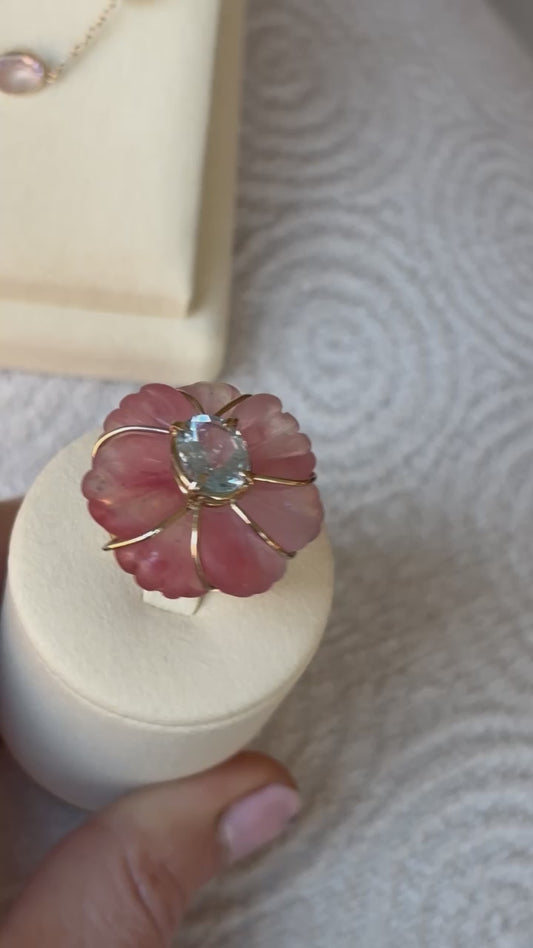 FLORA ring, watermelon quartz & blue topaz